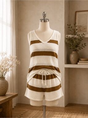 Kirundo Sleeveless Knit Shorts - Cream with Brown Stripes, Size Medium